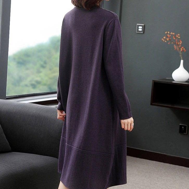 Вязаное платье-свитер до колен для женщин, осенне-зимнее, стильный пуловер средней длины и однотонное вязаное платье-пуловер с длинным рукавом