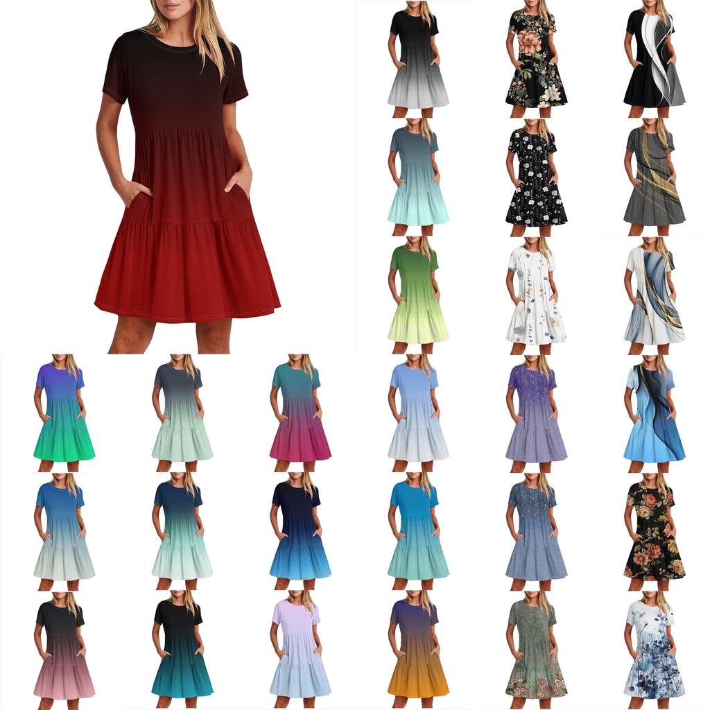 Женское повседневное модное платье-миди с круглым вырезом и коротким рукавом с принтом и карманом