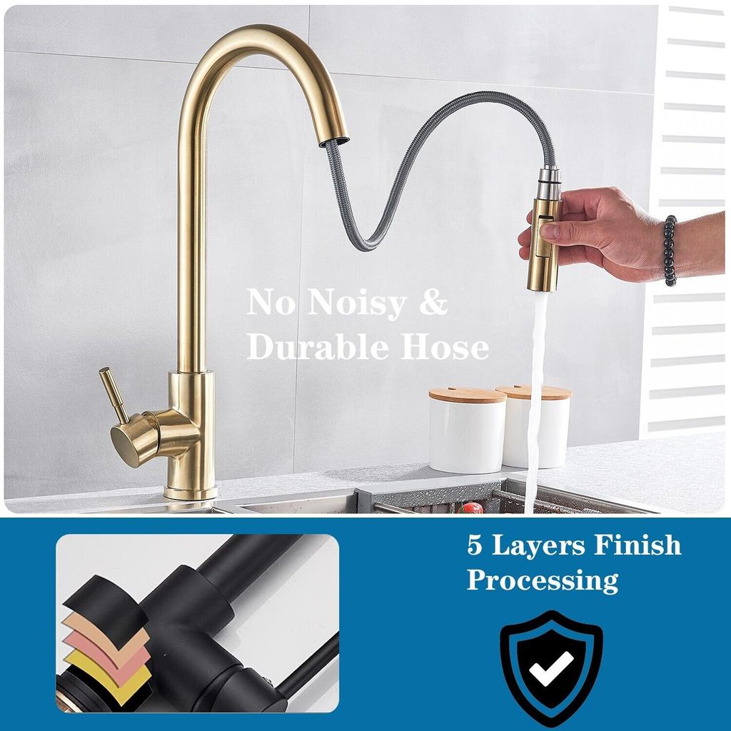 Матовый золотой кухонный смеситель для раковины, распылитель, поворотный излив, смеситель