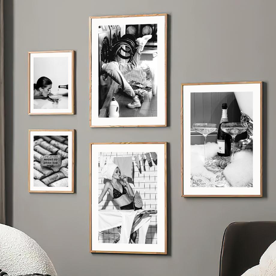 Wall Art Canvas Painting Champagne Coffe Wine Paris Girl Black White Living Room Decoration Posters And Prints Wall Pictures