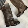 Fashion 2024 Autumn Street Fashion Women's Mid Calf Boots Retro Round Toe Brown Long Boots Casual Versatile Belt Buckle Motorcycle Boot