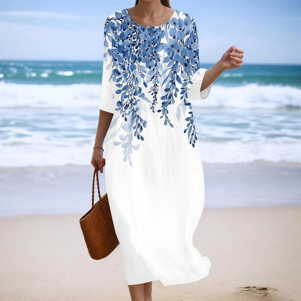 Женское модное платье свободного кроя с принтом, круглым вырезом и рукавом три четверти