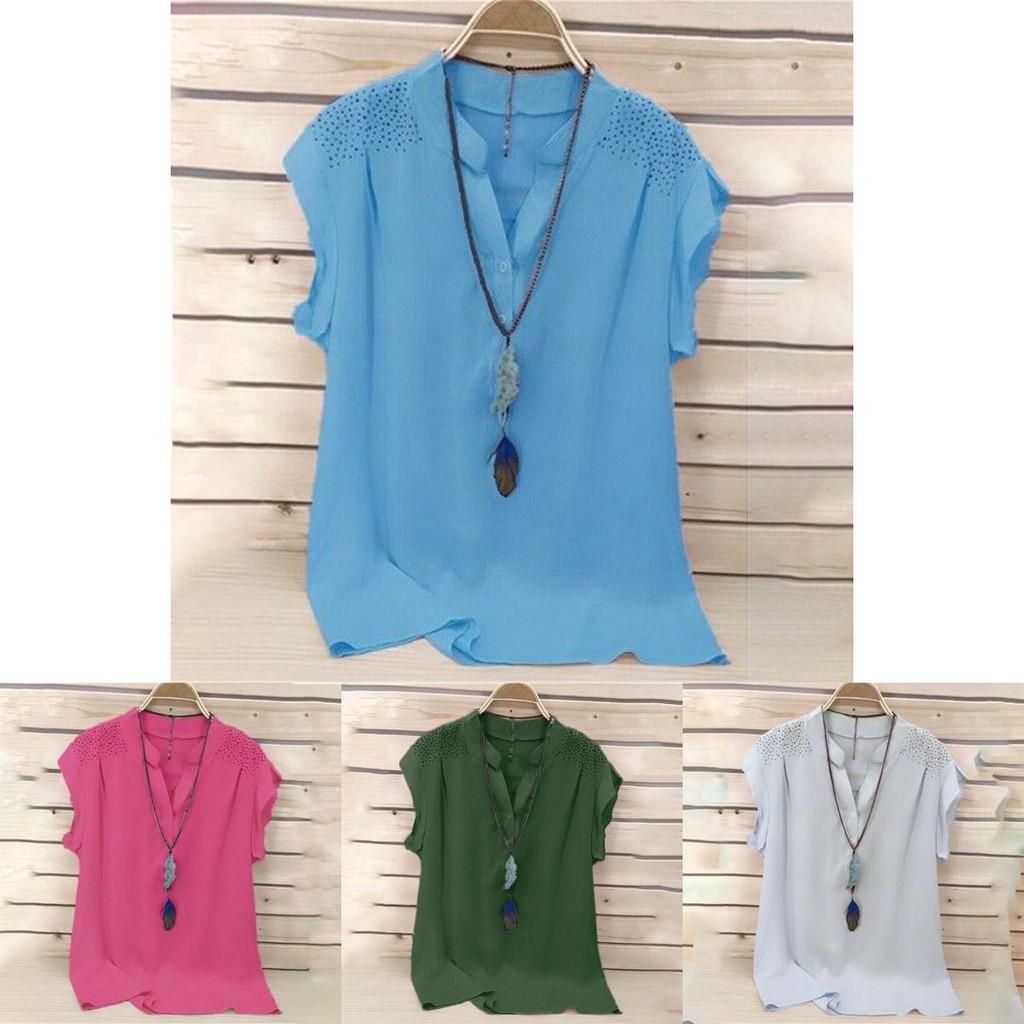 Elegant Womens Summer Button V Neck Short Sleeve T Shirt For Plus Size Ladies