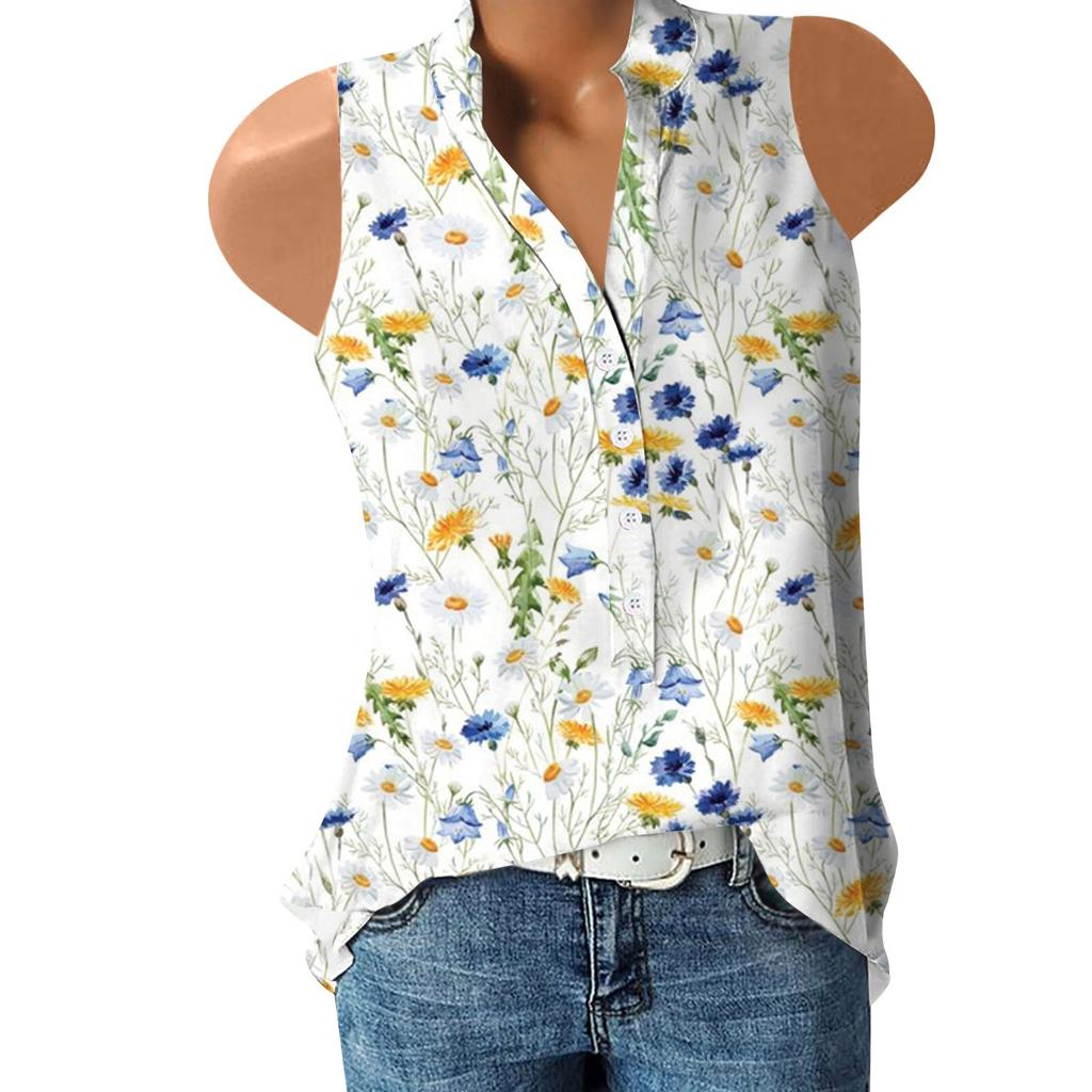Women's Printed Sleeveless Button-down Casual Shirt