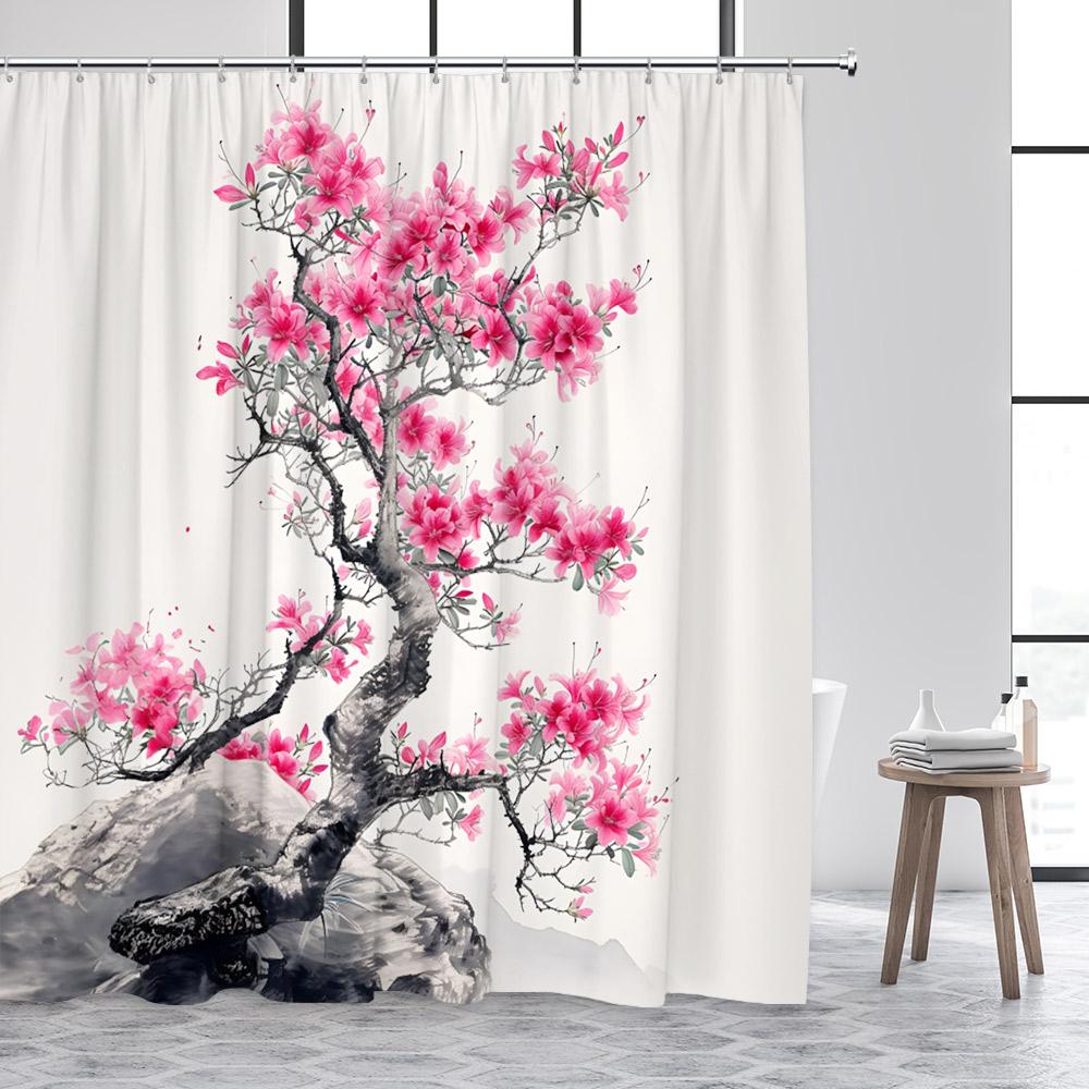 Японский пейзаж Шторы для душа Абстрактная гора Розовый цветок сакуры Цветочный Птица Павильон Азиатское искусство Декор для ванной шторы