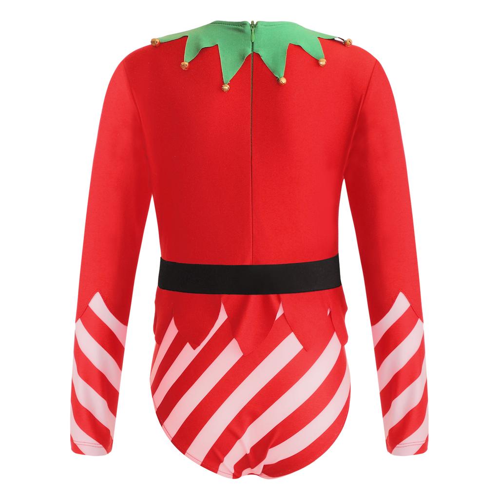 Kids Dance Leotard Christmas Costume Long Sleeve Stripes Brass Bells Belt Athletic Wear