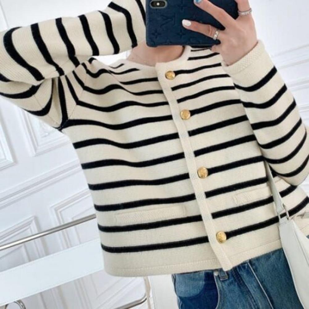 Navava Striped Round Neck Long Sleeve Knit Cardigan Nc306