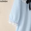VONDA Two Picecs Women Naval Collar Lace Hem Striped Texture T-shirts and Shorts Sets