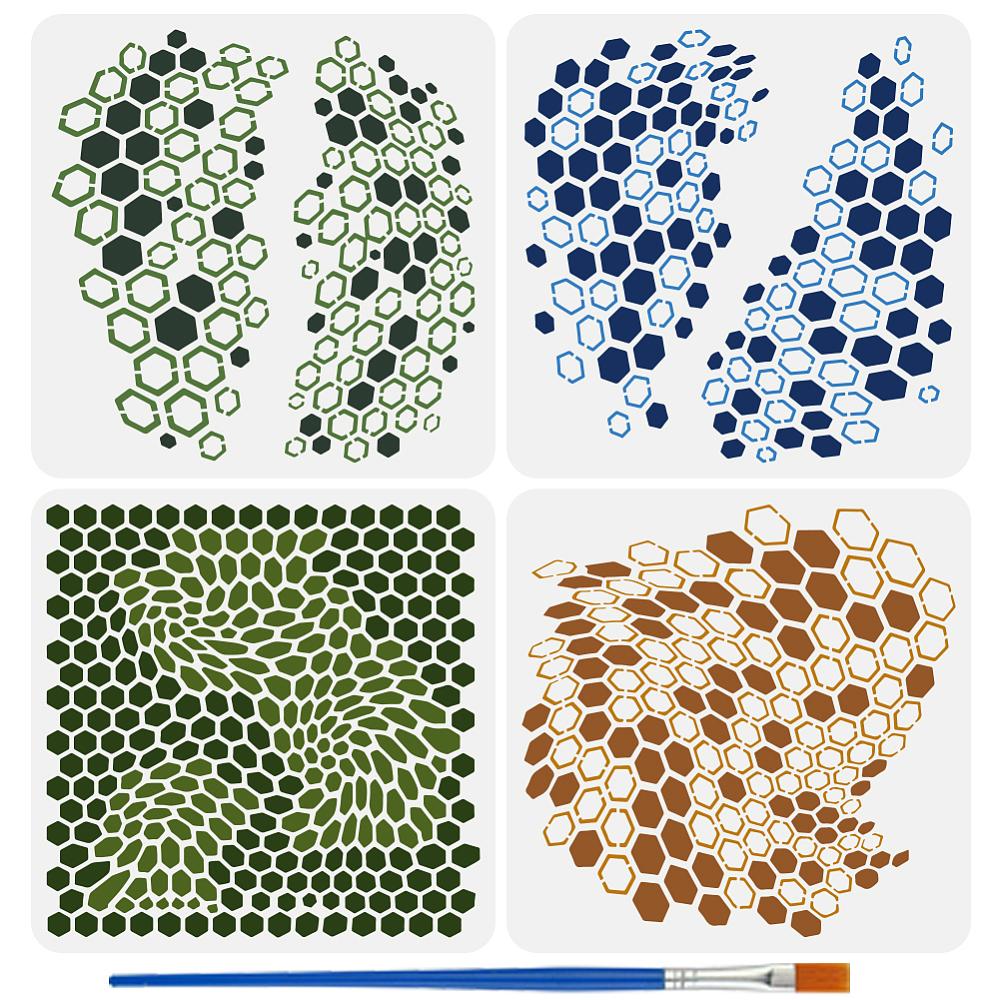 4Pcs 4 Styles PET Hollow Out Drawing Painting Stencils for DIY Scrapbook Photo Album Hexagon 300x300mm 1pc/style
