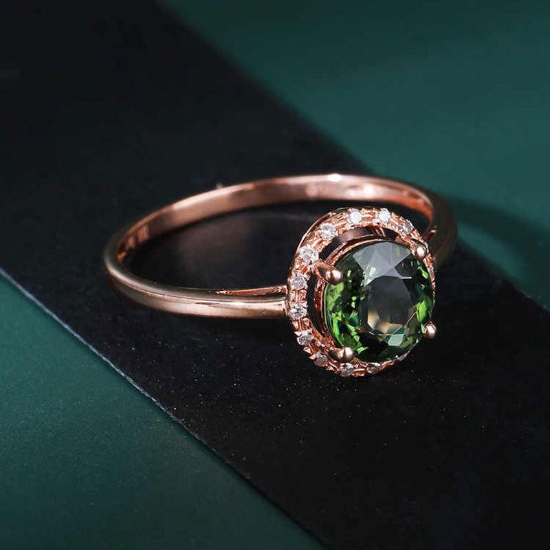 Rose Gold Plated Russian 585 Purple Gold Colored Treasure Brazilian Tourmaline Green Sparkling Ring Set With Zircon Jewelry