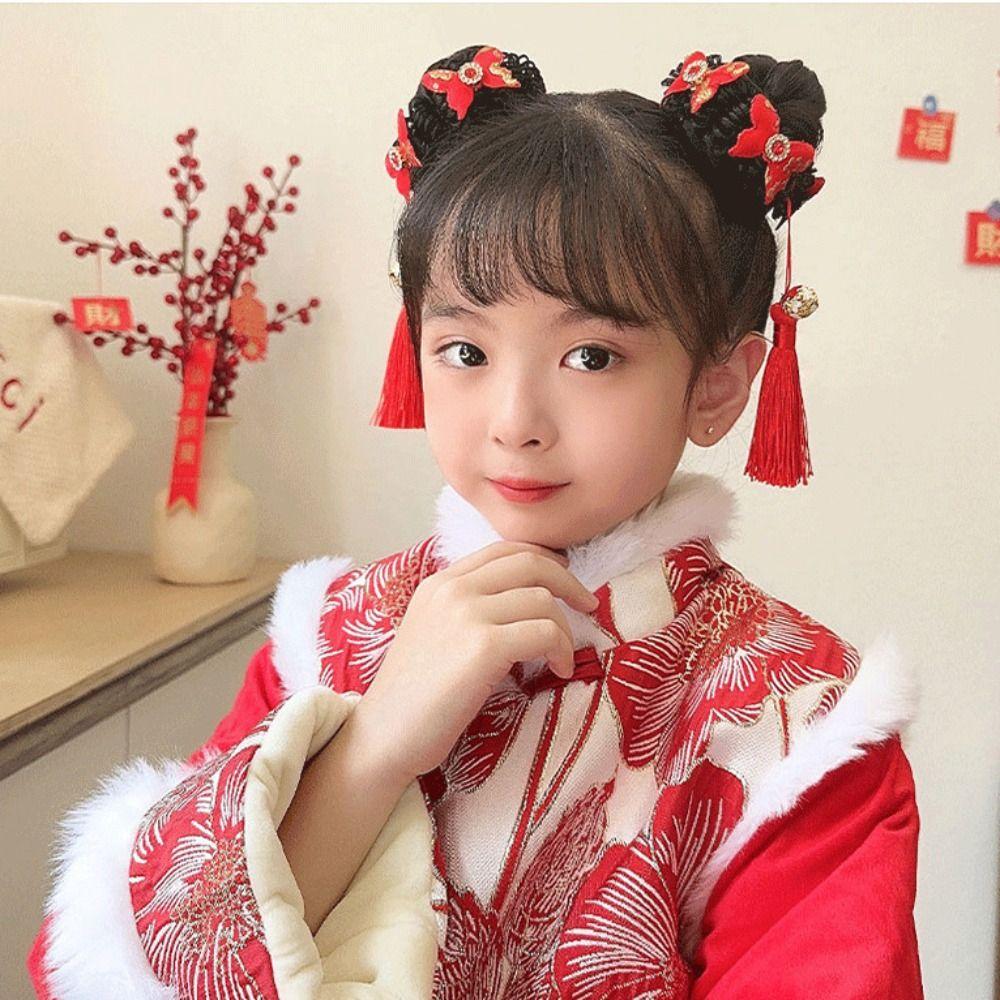Flower Children Hanfu Hair Ring Red Ancient Style Scrunchines Bow Wig Braid Hair Rope  Baby