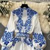 New Fashion Runway Red And White Porcelain Dress Women's Stand Long Lantern Sleeve Blue Floral Print Shirt Robe Dresses