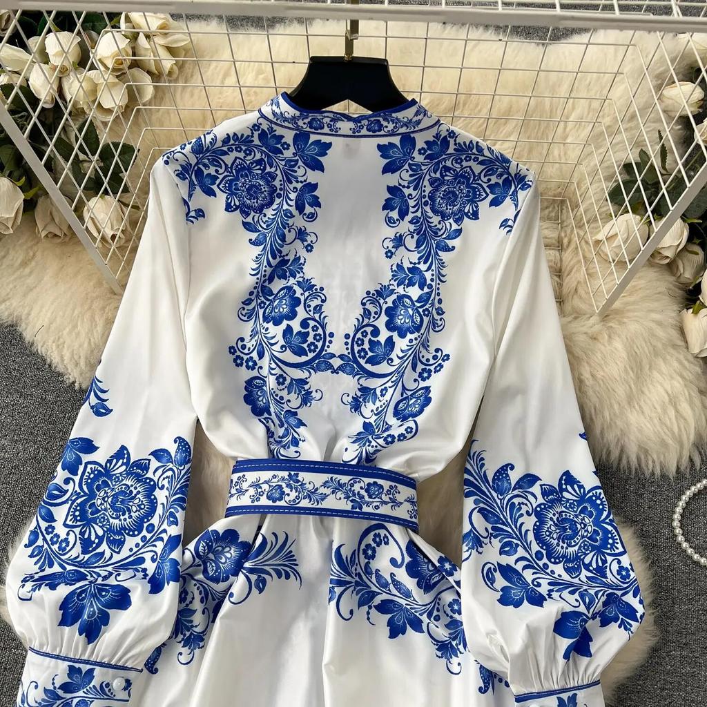 New Fashion Runway Red And White Porcelain Dress Women's Stand Long Lantern Sleeve Blue Floral Print Shirt Robe Dresses