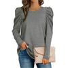 O-Neck Pleated Shoulder Puff Long Sleeves Women Blouse Fall Winter Solid