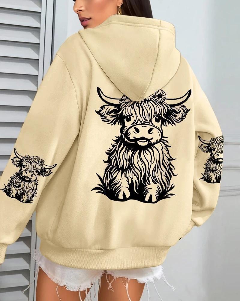 Women'S, Cow Cartoon Animal, Printed Women'S Hoodie Fall Loose Casual Pocket Fleece Pullover
