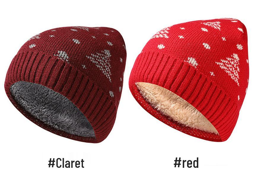 Красная вязаная шапка с флисовой подкладкой «Рождественская елка» - Унисекс, Двухслойная для снежных дней (В наличии)