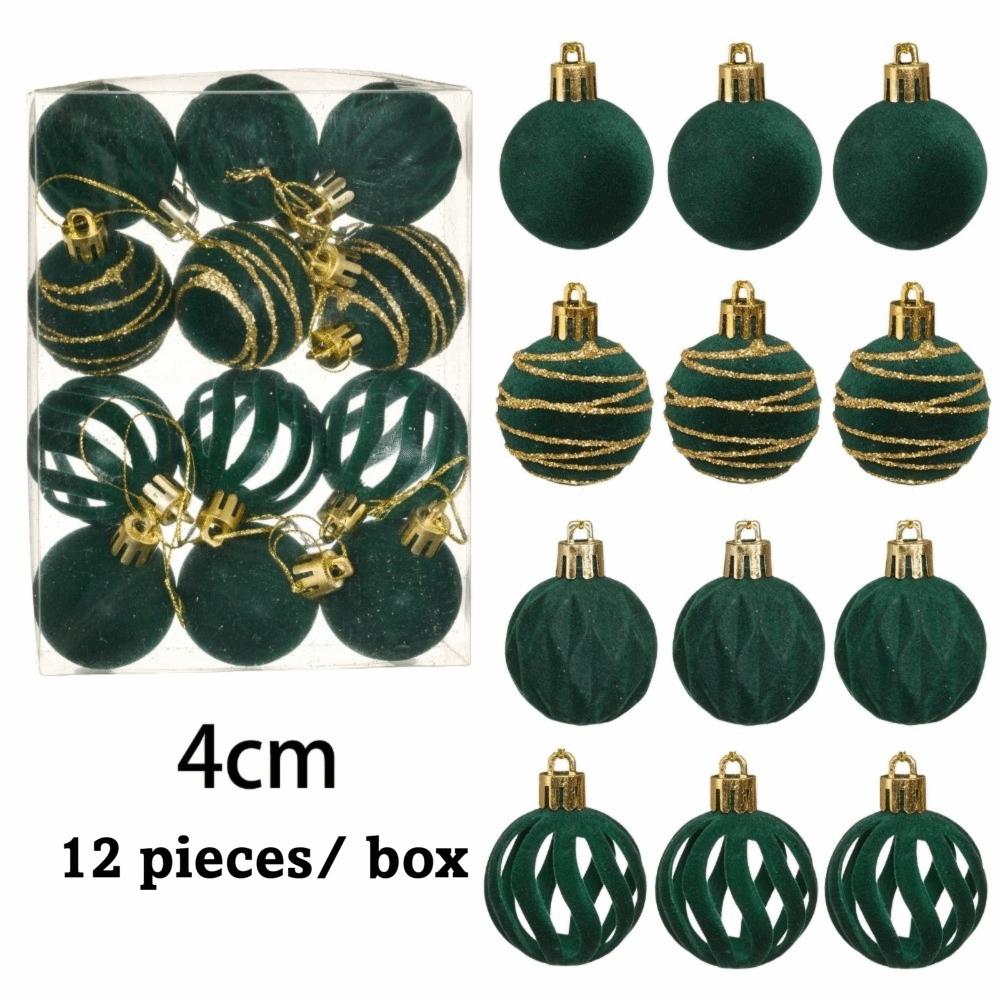12Pcs/Box Velvet Christmas Hanging Balls 4CM Plastic Christmas Flocked Ball Set DIY Crafts Painted Christmas Tree Ornament