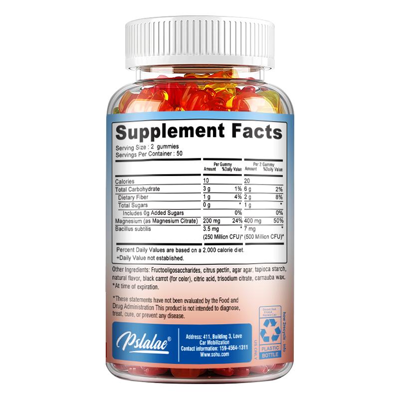 Magnesium citrate gummies, containing a blend of prebiotics and probiotics, 100 gummies per pack, suitable for adults, easily absorbed.