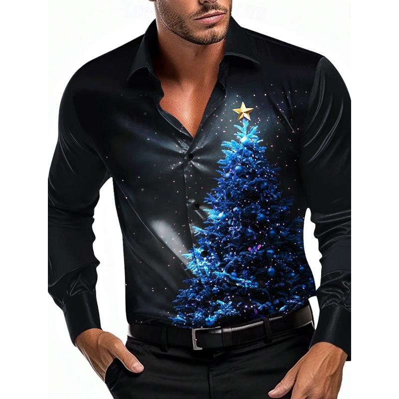 Мужские официальные рубашки с 3D-печатью Графика Рождественской елки Воротник-стойка Рубашка с длинным рукавом Модные мужские рубашки Для мужчин