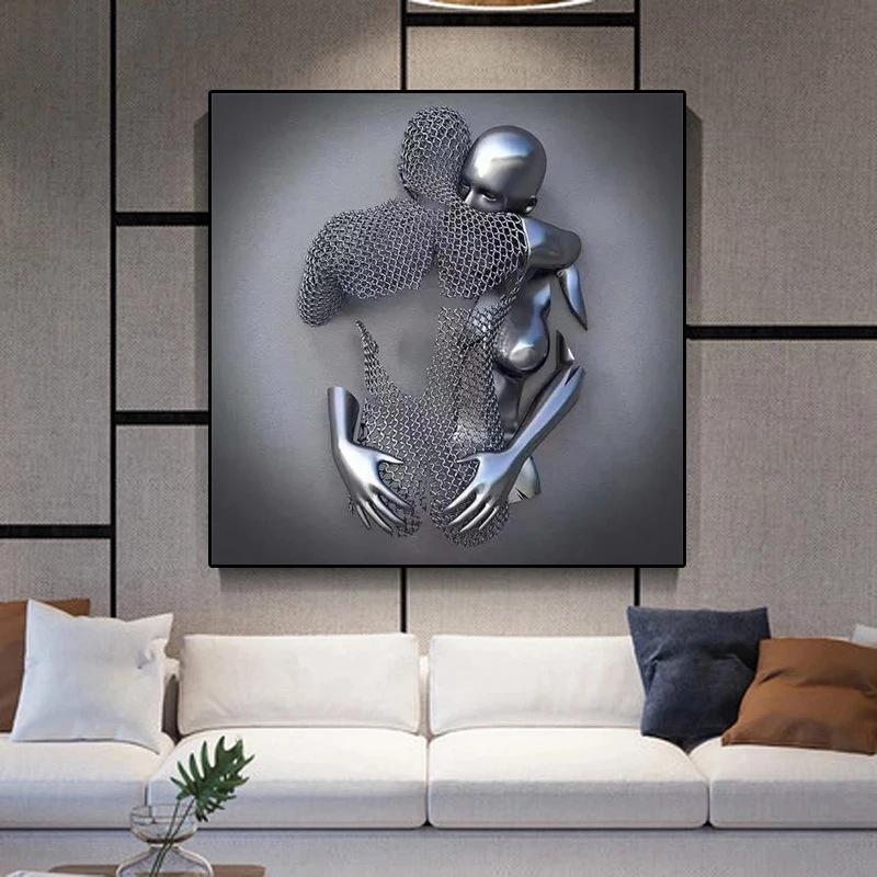 3D Visual Gold Silver Metal Figure Art Statue Canvas Painting Romantic Abstract Posters and Prints Wall Pictures Modern Home Decor for Living Room