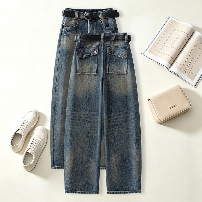 High waist wide leg jeans women's retro loose and thin straight trousers autumn versatile casual fashion commuter wash