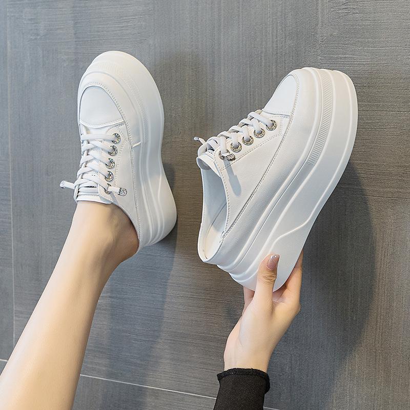 Тапочки из натуральной кожи, женская повседневная обувь, женские тапочки на платформе, на шнуровке, белые туфли с увеличенным каблуком, низкая женская обувь