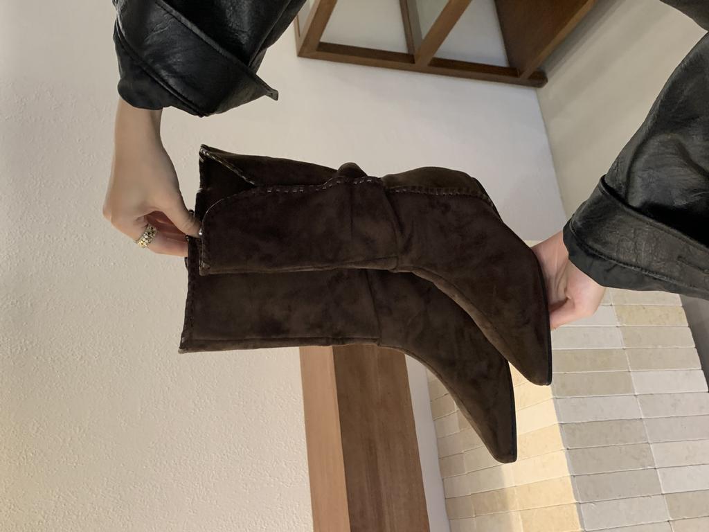 2025 новые ретро ботфорты для наслаивания с внутренней высотой и тонким толстым каблуком, короткие ботинки, женские коричневые остроносые ботинки-миди в западном стиле