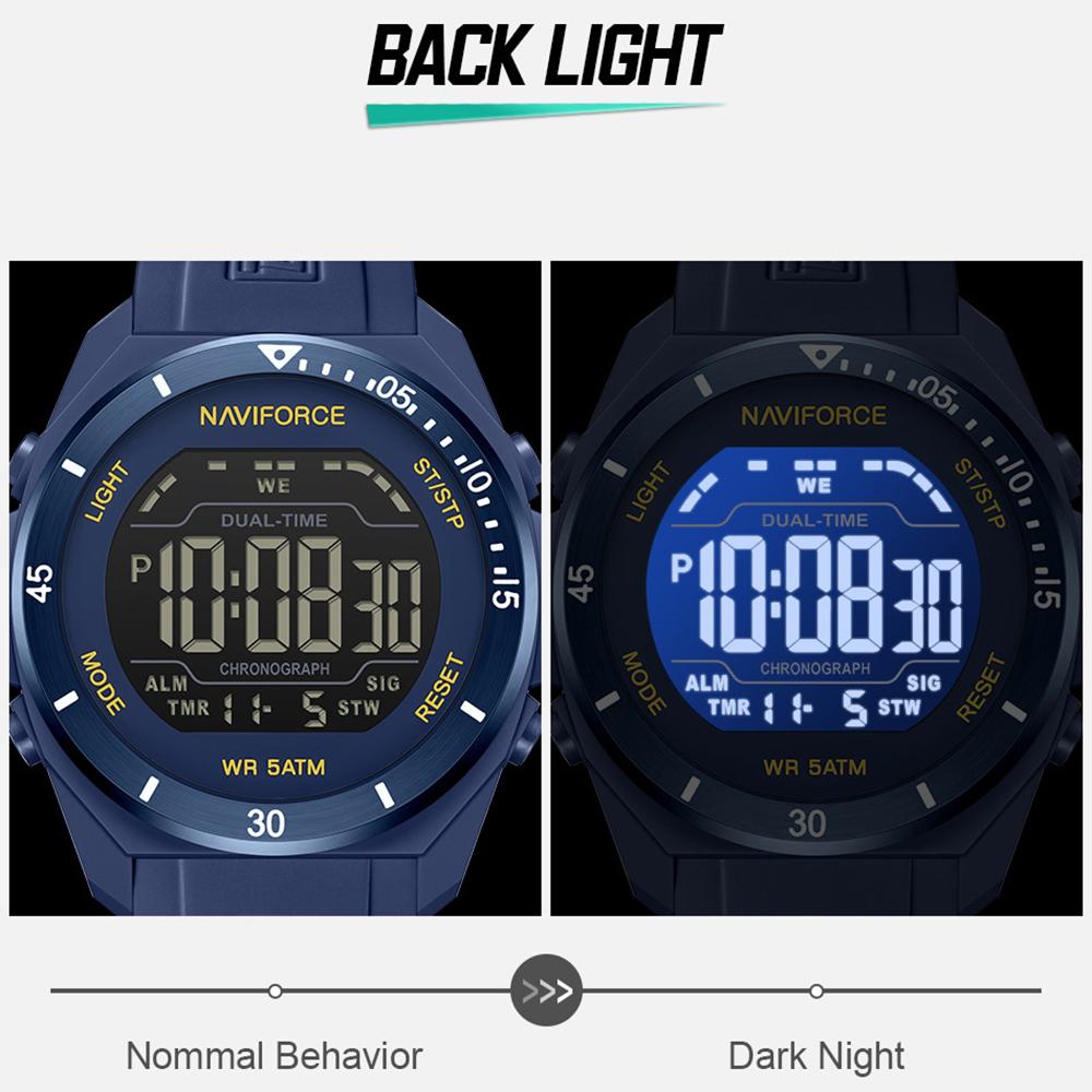 Naviforce Оригинальные мужские цифровые часы с ЖК-дисплеем, календарь, дата, секундомер, будильник, ночной режим, силиконовый ремешок, водонепроницаемые, детские часы NF7138