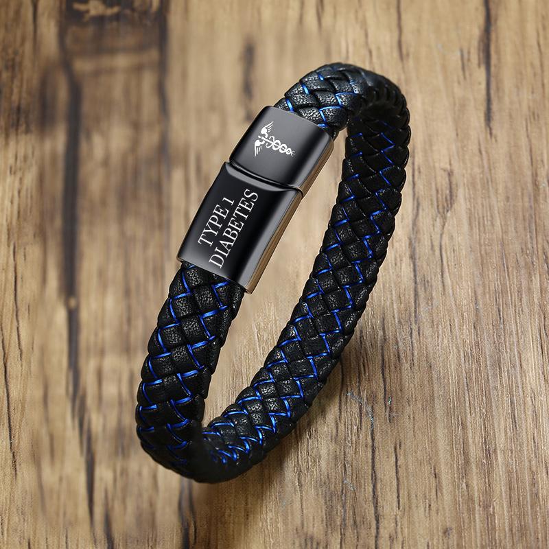 Medical Emergency Alert Bracelet Diabetes 1 Reminder Jewelry Leather Black Stainless Steel Bracelet Free Custom Jewelry