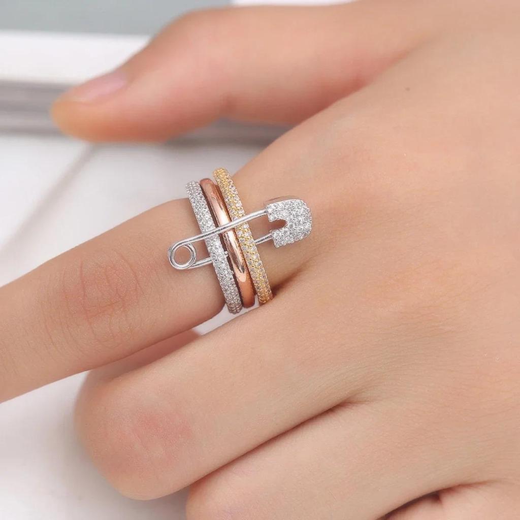 Tricolor Detachable Safety Pin Ring with Micro-set Zirconia for Women