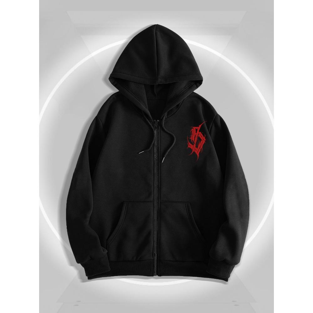 Мужская готическая ветровка с капюшоном и S-образным принтом, повседневная полиэстеровая толстовка на молнии с капюшоном и геометрическим узором