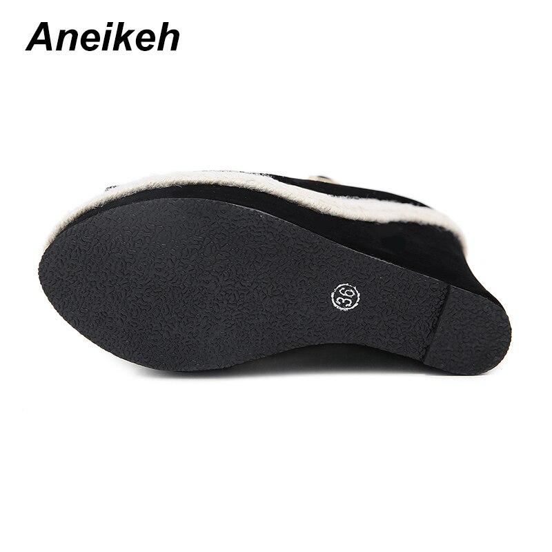 Aneikeh/летняя женская обувь, сандалии на платформе, сандалии-гладиаторы из флока, модные туфли на танкетке с пряжкой и ремешком, вечерние черные туфли на каблуке с круглым носком, размеры 35–42