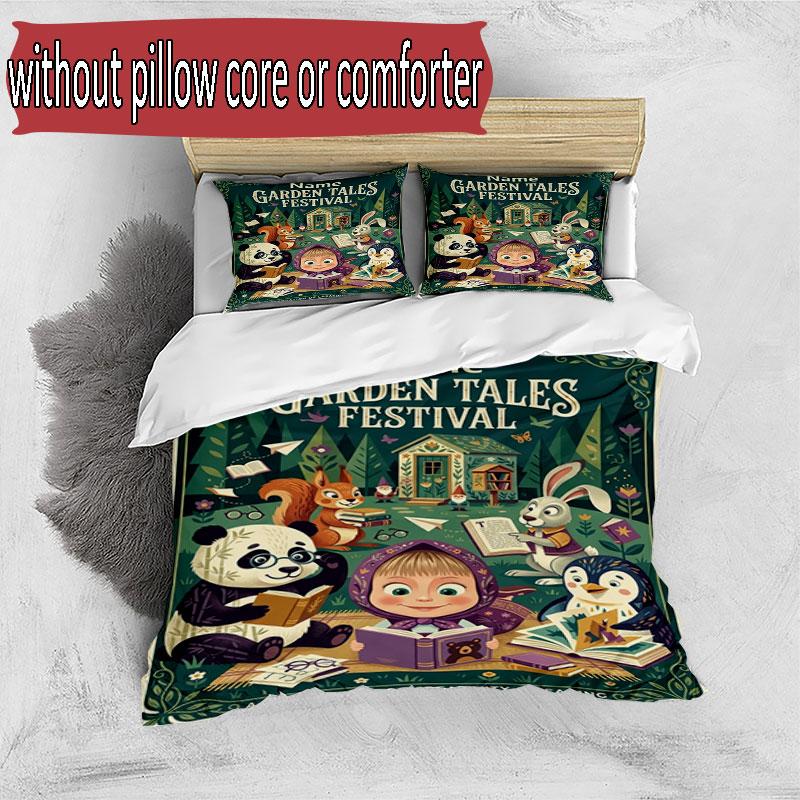 3pcs Duvet Cover Set (1*Duvet Cover + 2*Pillowcase, Without Core), Custom Name Masha and the Bear Pattern Bedding Set, Home Bedroom Decor Gift