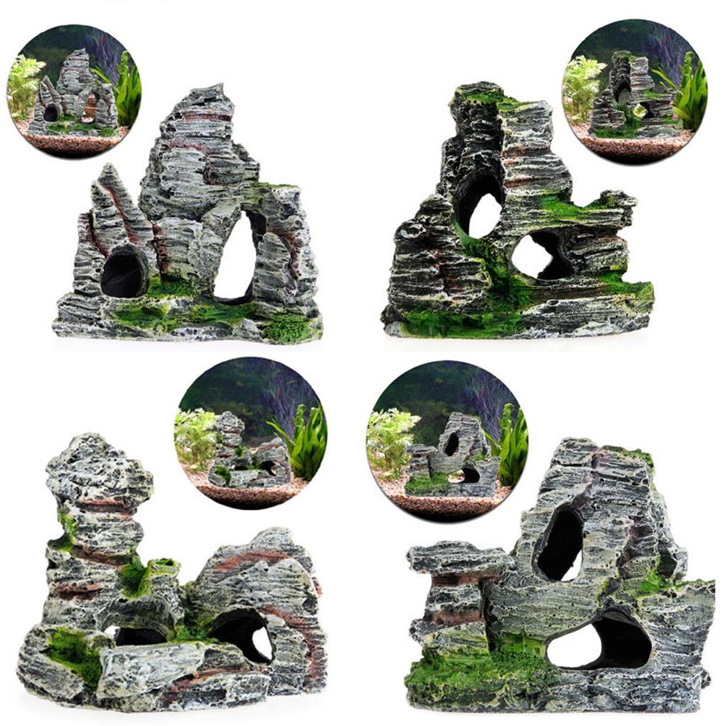 Яркое украшение-скала для аквариума, смола, вид горы, орнамент из камня, пещера-укрытие для рыб, каменный декор с мхом