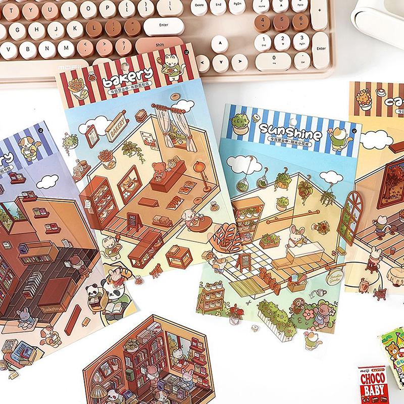 1 лист 3D Пейзаж Хижина Сумка Наклейки Наклейка для питомца Милый мультфильм Карманный DIY Сцена Ландшафтный Декор Наклейка