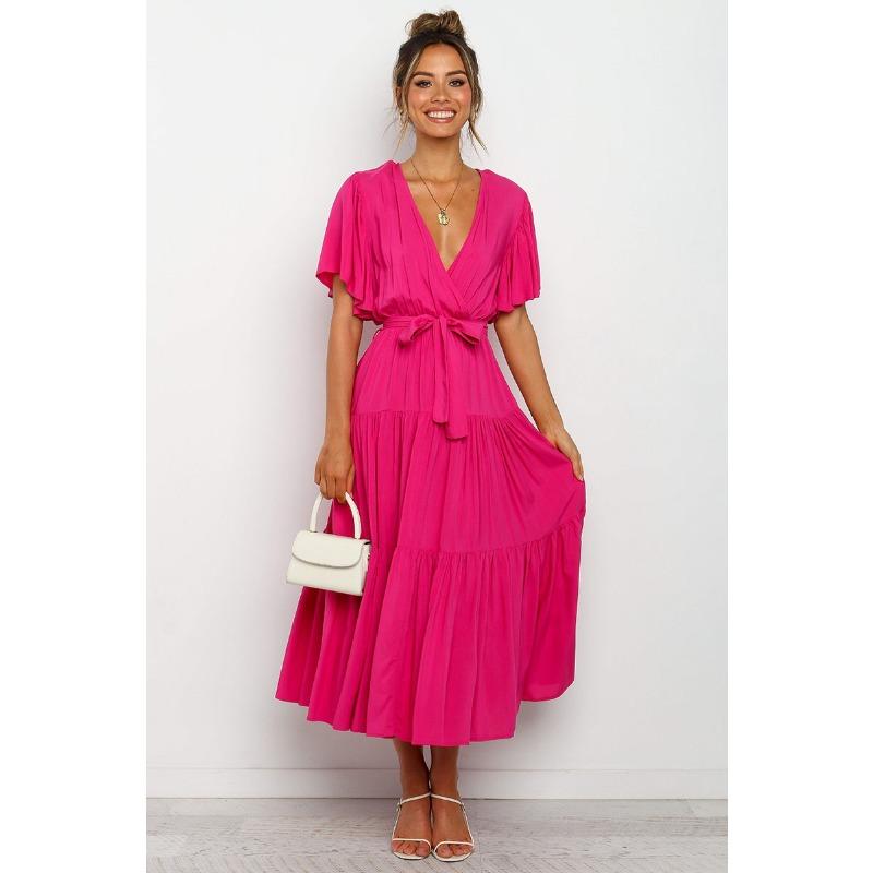 VEZFAA Женские модные летние весенние однотонные повседневные платья с v-образным вырезом и короткими рукавами и высокой талией