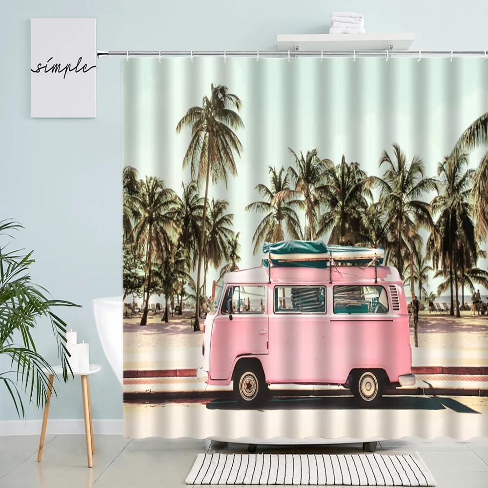 Summer Ocean Beach Camping Surf Shower Curtain Palm Trees Travel Bus Surfboard Pattern Polyester Fabric Bathroom Decor Hooks