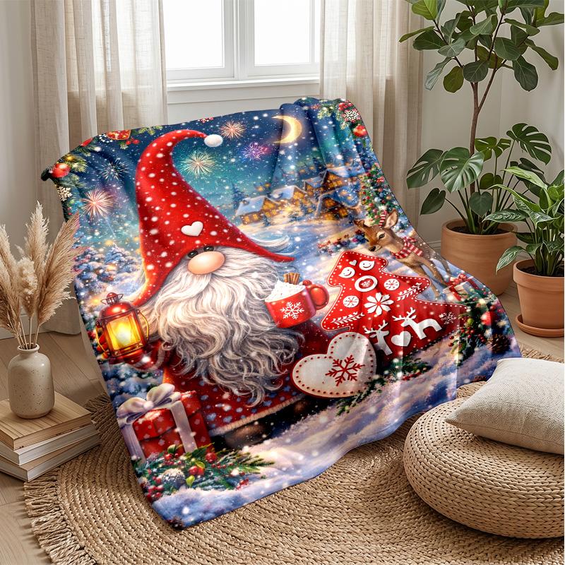 Christmas Gnome and Deer blanket Personalized Name Flannel Blanket Soft Cozy Plush Throw for Sofa Bed Lightweight Home Decor