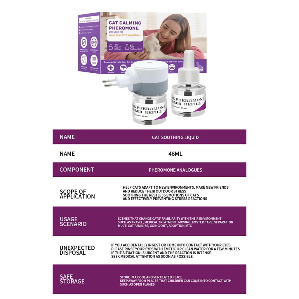 Диффузор для успокоения питомцев, 3 в 1 феромоны для питомцев, расслабляющие феромоны для облегчения стресса и тревоги у питомцев, уменьшения агрессии и лая, 1 диффузор 2 сменных блока(48 мл*2)