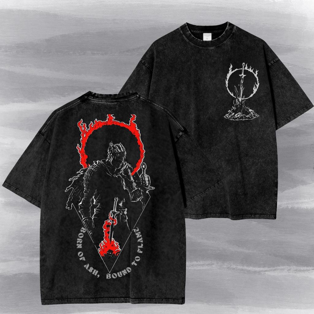 Dark Souls 3 Born of Ash Vintage Wash Tee - Soul of Cinder T Shirt, Darksign Bonfire Streetwear, Bound to Flame, Gamer Gift.