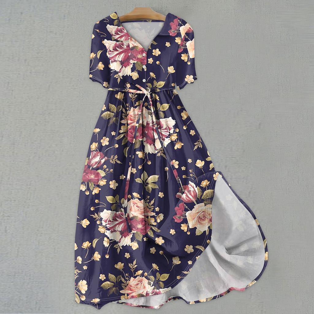 Женская мода повседневное платье с воротником с лацканами и короткими рукавами с принтом и ремнями