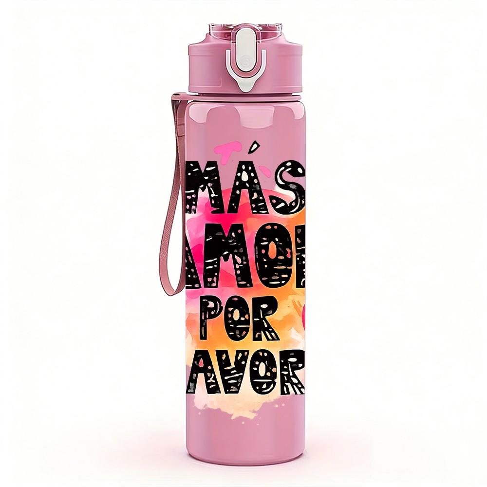 1PC Has Amor Por Favor Spanish Heart Print 750ml Color Plastic Sports Water Bottle Leakproof Flip Straw Lid Suitable for Sports Office Home Use