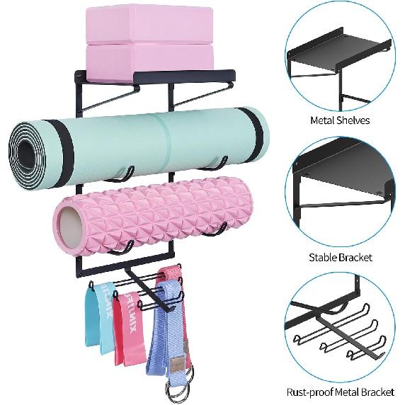 Настенный держатель для коврика для йоги Стойка для хранения коврика для йоги Аксессуары для домашнего спортзала с 3 секциями и 7 крючками для подвешивания ролика для массажа и эспандеров