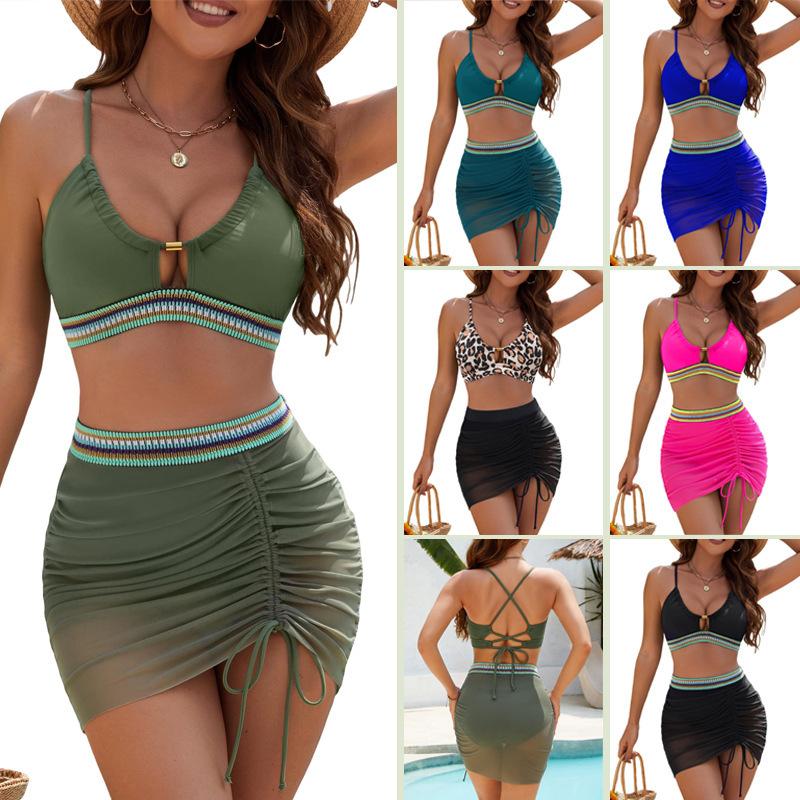 New Personalized Solid Color European And American Fashion Sexy Mesh Splicing Split Women'S Bikini Swimsuit