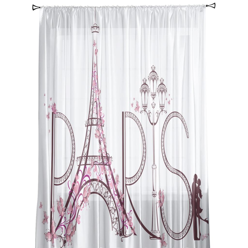 France Paris Eiffel Tower Pink White Chiffon Sheer Curtains for Living Room Bedroom Decoration Window Voiles Tulle Curtain
