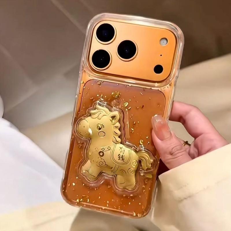 3D Золотой Лошадь, Прозрачный чехол с пайетками для iPhone 17, Pro Max 17, Pro 12, 13, 14, 15, 16, Pro Max 15 Plus 11, противоударный чехол