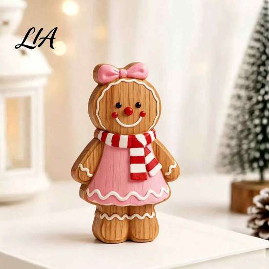 Christmas Party Supplies Cartoon Gingerbread Wooden Ornament, Double-sided Printed Desktop Tabletop Figurines, Festive Window Display Decorative Craft