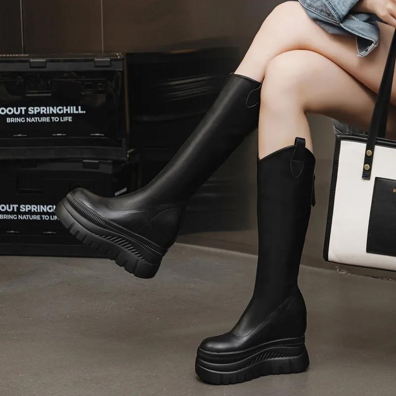 Мода 12 см Микрофибра Кожа Платформа Танкетка До Колена Ботильоны Женские Осенние Слипоны Весенние Труба Скрытый Каблук Поверх Обуви