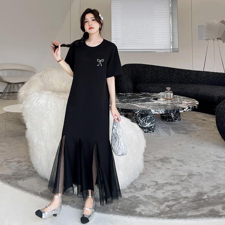 Dimanaf Women New 2025 Summer Plus Size Casual Short Sleeve Dress Basic Loose Long Dress Maxi Black Lace