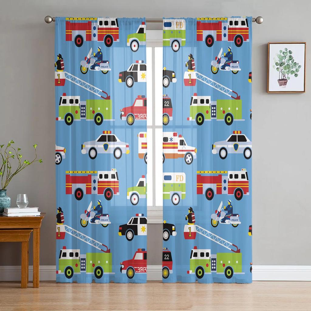 Cartoon Fire Truck Gray Sheer Curtains for Bedroom Living Room Decoration Window Curtain for Kitchen Tulle Voile Organza Drapes